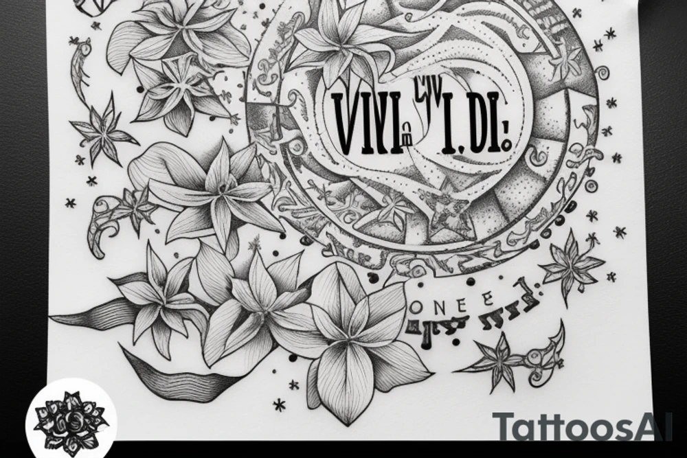 In typewriter font, quote "veni, vidi, vici" with star gazing lilies and  surrounding it tattoo idea