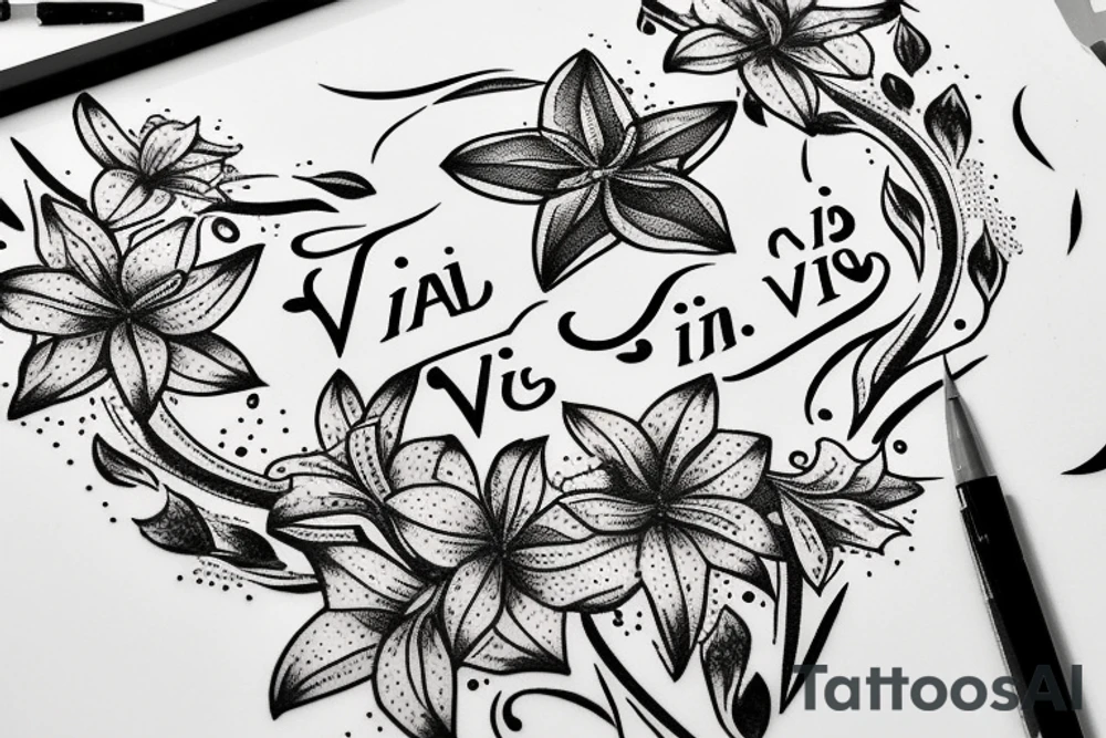 In typewriter font, quote "veni, vidi, vici" with star gazing lilies and  surrounding it tattoo idea