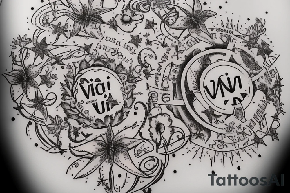 In typewriter font, quote "veni, vidi, vici" with star gazing lilies and  surrounding it tattoo idea