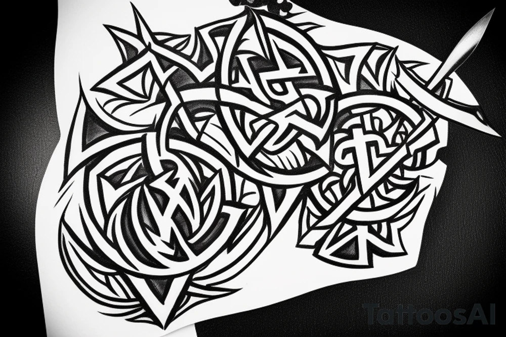 Small sword with thorns wrapping around the blade and runic letters in the middle of the blade tattoo idea