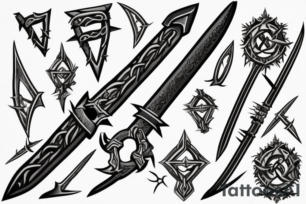 Small sword with thorns wrapping around the blade and runic letters in the middle of the blade tattoo idea