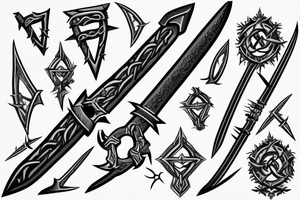 Small sword with thorns wrapping around the blade and runic letters in the middle of the blade tattoo idea