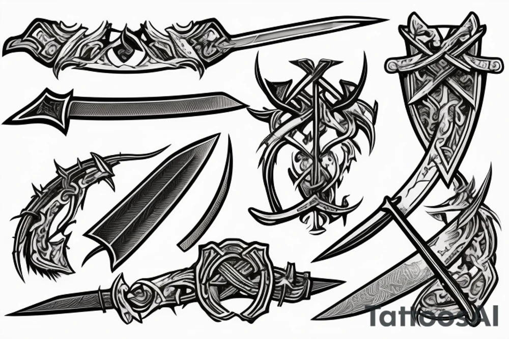 Small sword with thorns wrapping around the blade and runic letters in the middle of the blade tattoo idea