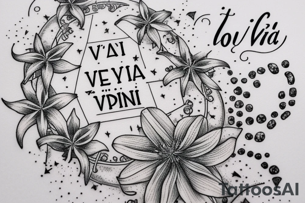 In typewriter font, quote "veni, vidi, vici" with star gazing lilies and  surrounding it tattoo idea