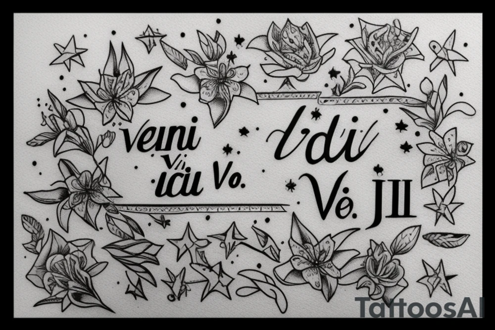 In typewriter font, quote "veni, vidi, vici" with star gazing lilies and  surrounding it tattoo idea