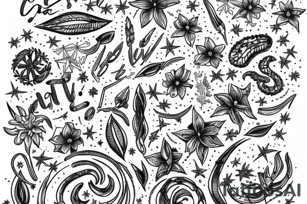 In typewriter font, quote "veni, vidi, vici" with star gazing lilies and  surrounding it tattoo idea