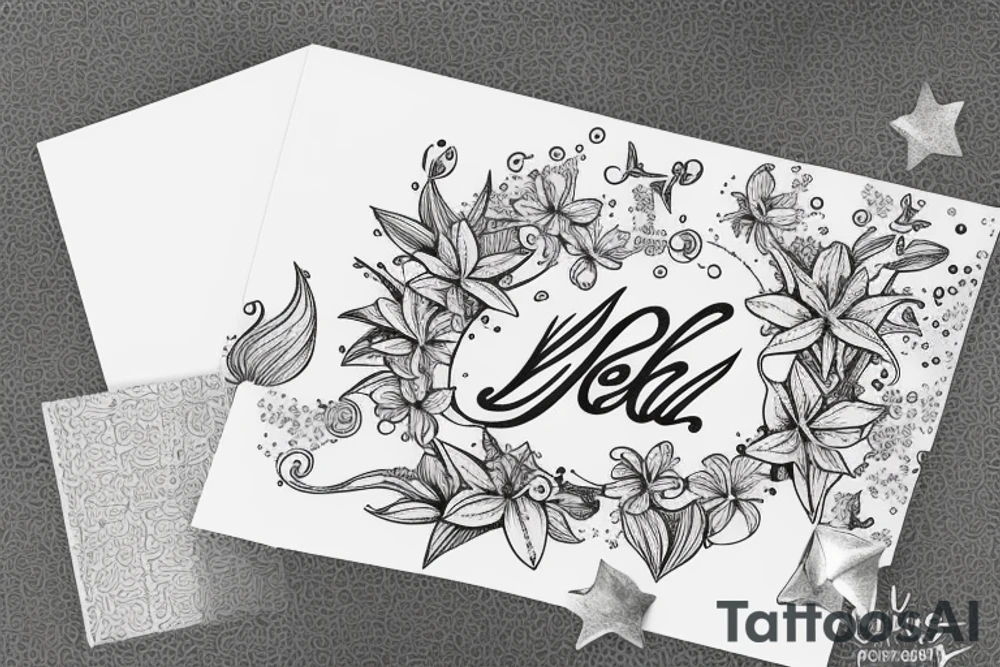In typewriter font, quote "veni, vidi, vici" with star gazing lilies and  surrounding it tattoo idea