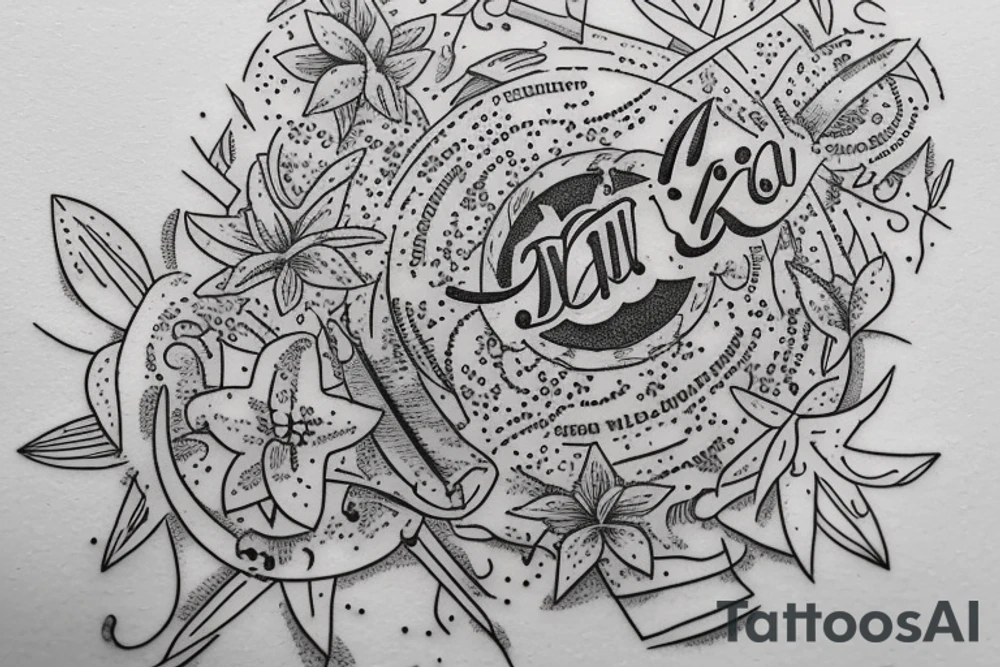 In typewriter font, quote "veni, vidi, vici" with star gazing lilies and  surrounding it tattoo idea