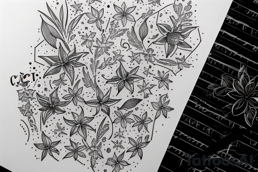 In typewriter font, quote "veni, vidi, vici" with star gazing lilies and  surrounding it tattoo idea