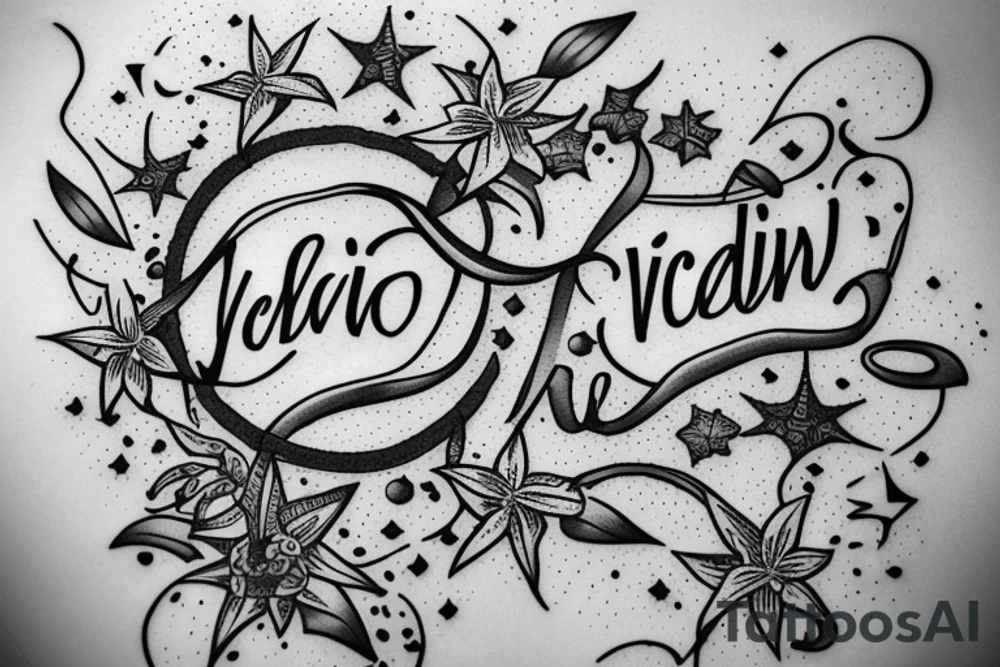 In typewriter font, quote "veni, vidi, vici" with star gazing lilies and  surrounding it tattoo idea
