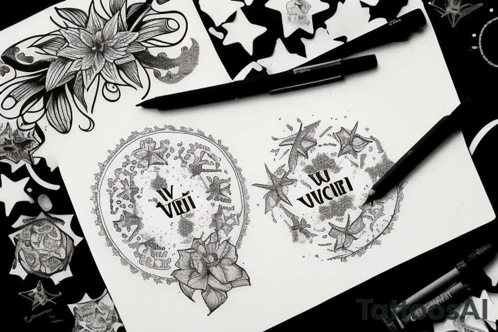 In typewriter font, quote "veni, vidi, vici" with star gazing lilies and  surrounding it tattoo idea
