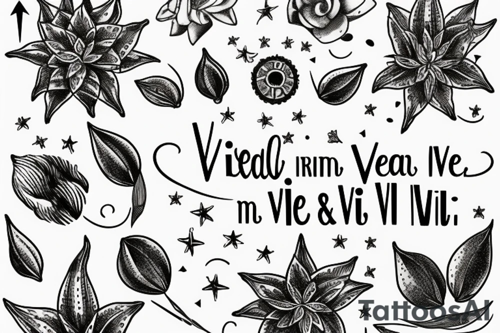 In typewriter font, quote "veni, vidi, vici" with star gazing lilies and  surrounding it tattoo idea