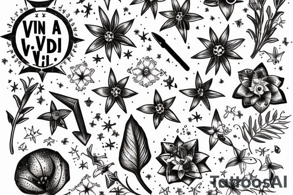 In typewriter font, quote "veni, vidi, vici" with star gazing lilies and  surrounding it tattoo idea