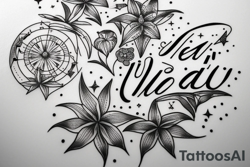 In typewriter font, quote "veni, vidi, vici" with star gazing lilies and  surrounding it tattoo idea