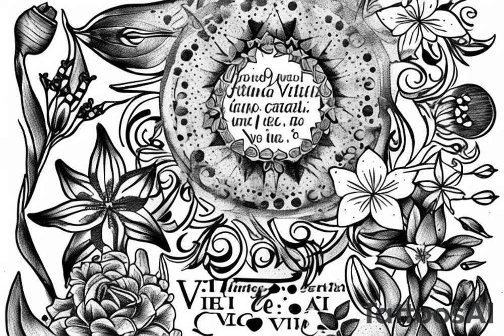 In typewriter font, quote "veni, vidi, vici" with star gazing lilies and  surrounding it tattoo idea