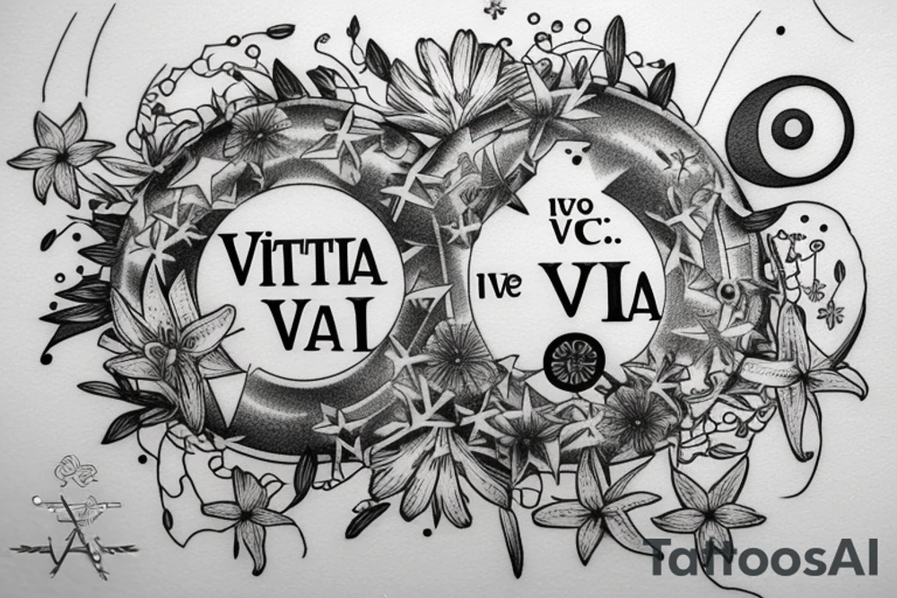 In typewriter font, quote "veni, vidi, vici" with star gazing lilies and  surrounding it tattoo idea