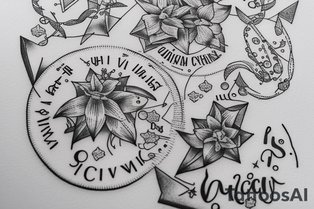 In typewriter font, quote "veni, vidi, vici" with star gazing lilies and  surrounding it tattoo idea