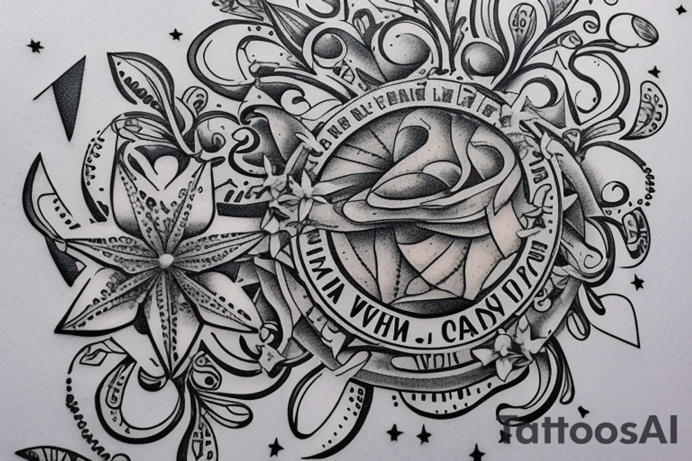 In typewriter font, quote "veni, vidi, vici" with star gazing lilies and  surrounding it tattoo idea