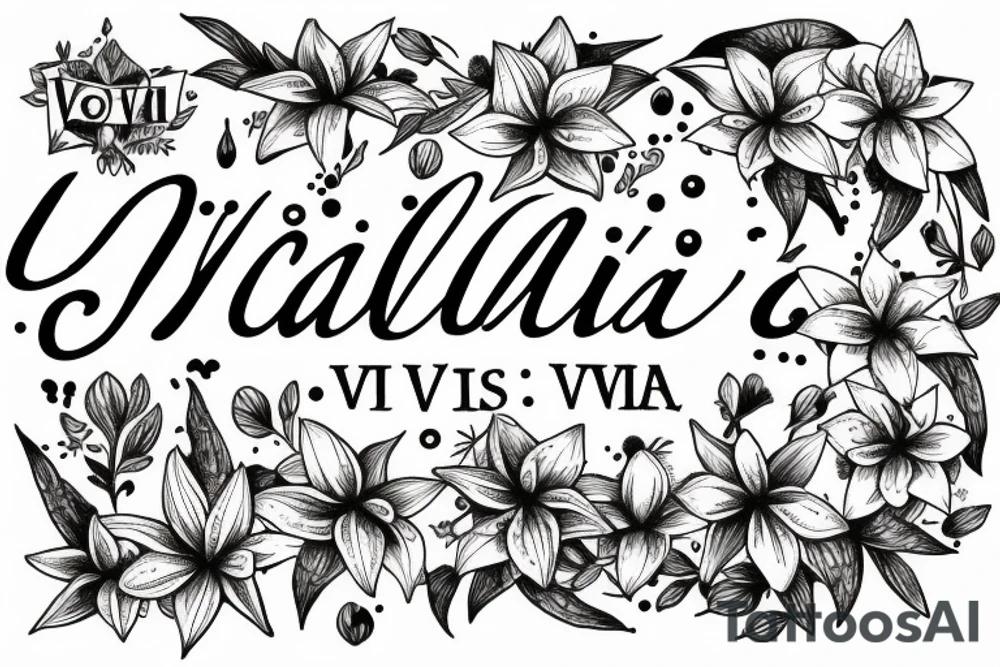 In typewriter font, quote "veni, vidi, vici" with star gazing lilies and  surrounding it tattoo idea