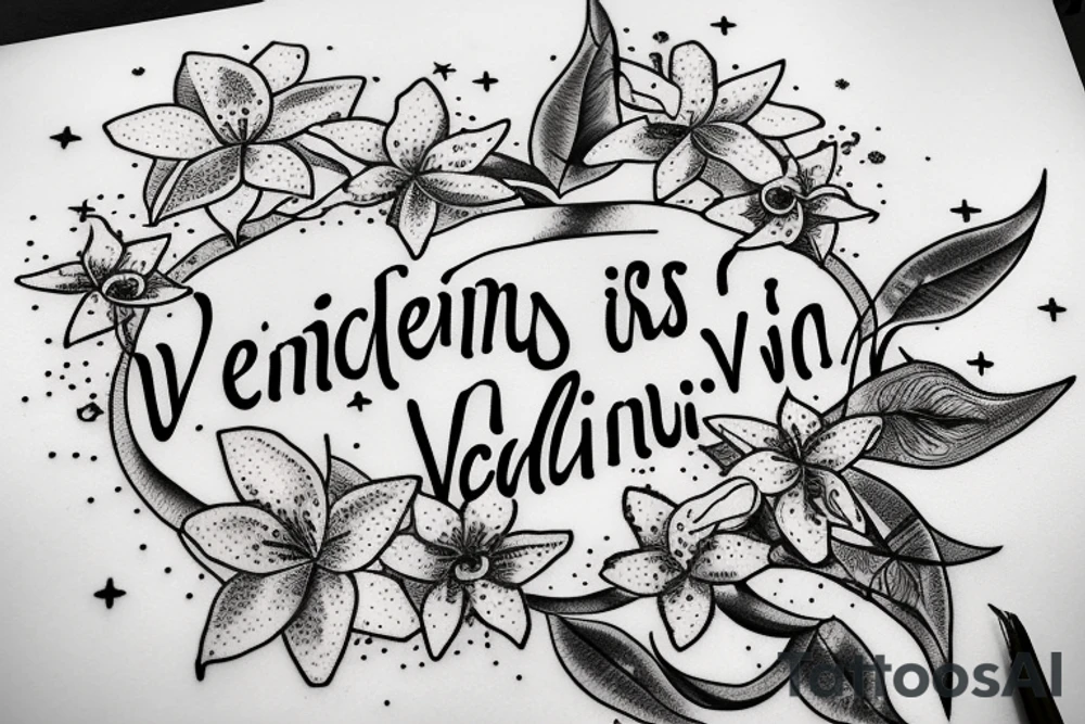 In typewriter font, quote "veni, vidi, vici" with star gazing lilies and  surrounding it tattoo idea