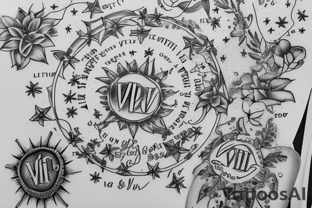 In typewriter font, quote "veni, vidi, vici" with star gazing lilies and  surrounding it tattoo idea