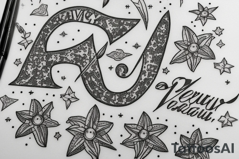 In typewriter font, quote "veni, vidi, vici" with star gazing lilies and  surrounding it tattoo idea