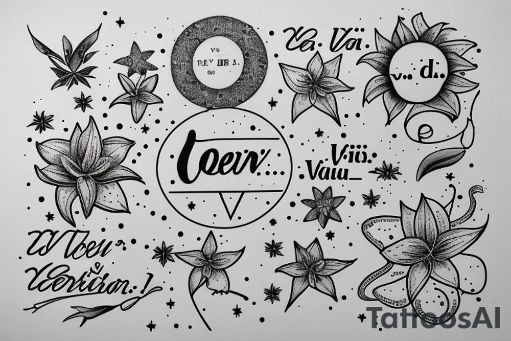 In typewriter font, quote "veni, vidi, vici" with star gazing lilies and  surrounding it tattoo idea
