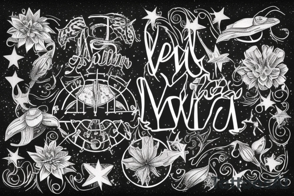 In typewriter font, quote "veni, vidi, vici" with star gazing lilies and  surrounding it tattoo idea