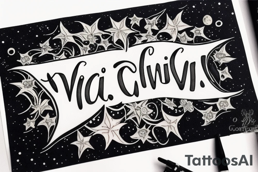 In typewriter font, quote "veni, vidi, vici" with star gazing lilies and  surrounding it tattoo idea