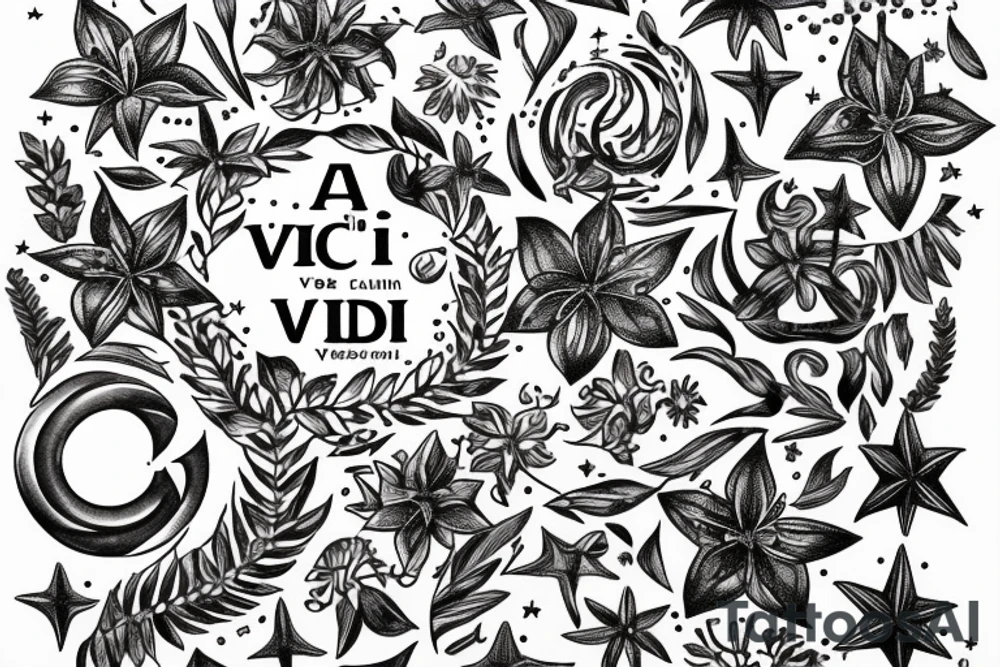 In typewriter font, quote "veni, vidi, vici" with star gazing lilies and  surrounding it tattoo idea
