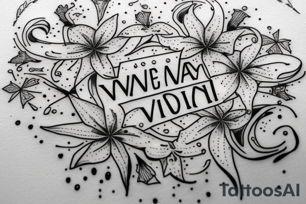 In typewriter font, quote "veni, vidi, vici" with star gazing lilies and  surrounding it tattoo idea