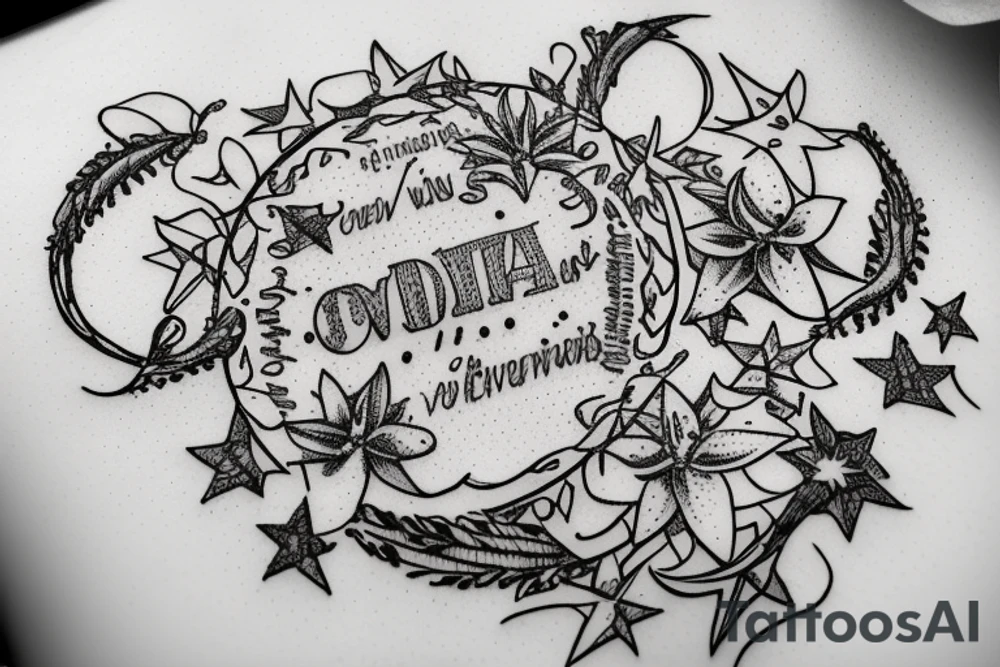 In typewriter font, quote "veni, vidi, vici" with star gazing lilies and  surrounding it tattoo idea