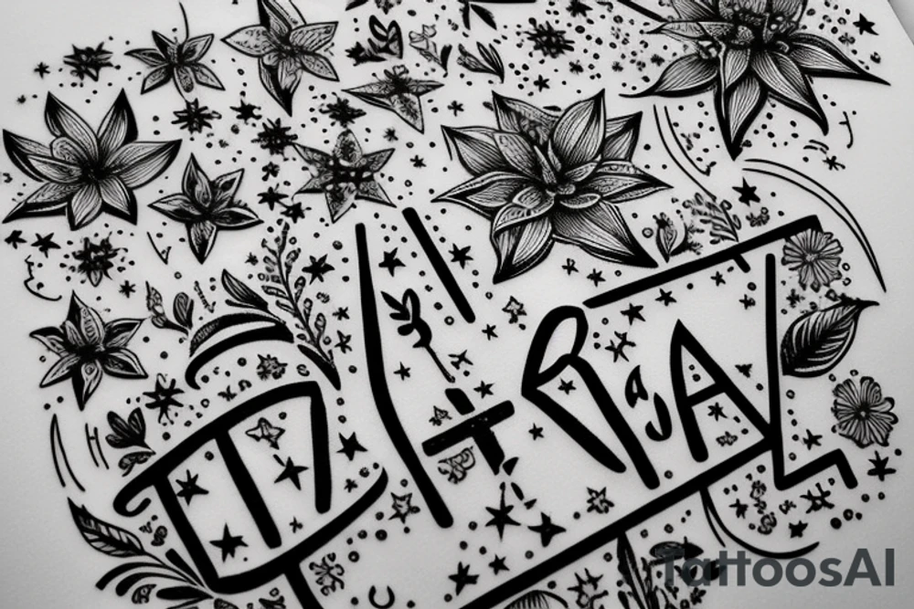 In typewriter font, quote "veni, vidi, vici" with star gazing lilies and  surrounding it tattoo idea