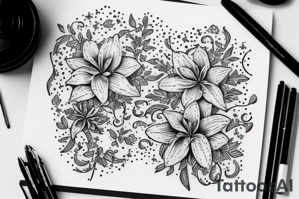 In typewriter font, quote "veni, vidi, vici" with star gazing lilies and  surrounding it tattoo idea