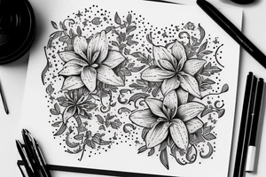 In typewriter font, quote "veni, vidi, vici" with star gazing lilies and  surrounding it tattoo idea