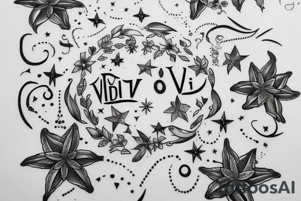 In typewriter font, quote "veni, vidi, vici" with star gazing lilies and  surrounding it tattoo idea