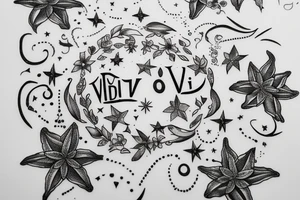 In typewriter font, quote "veni, vidi, vici" with star gazing lilies and  surrounding it tattoo idea