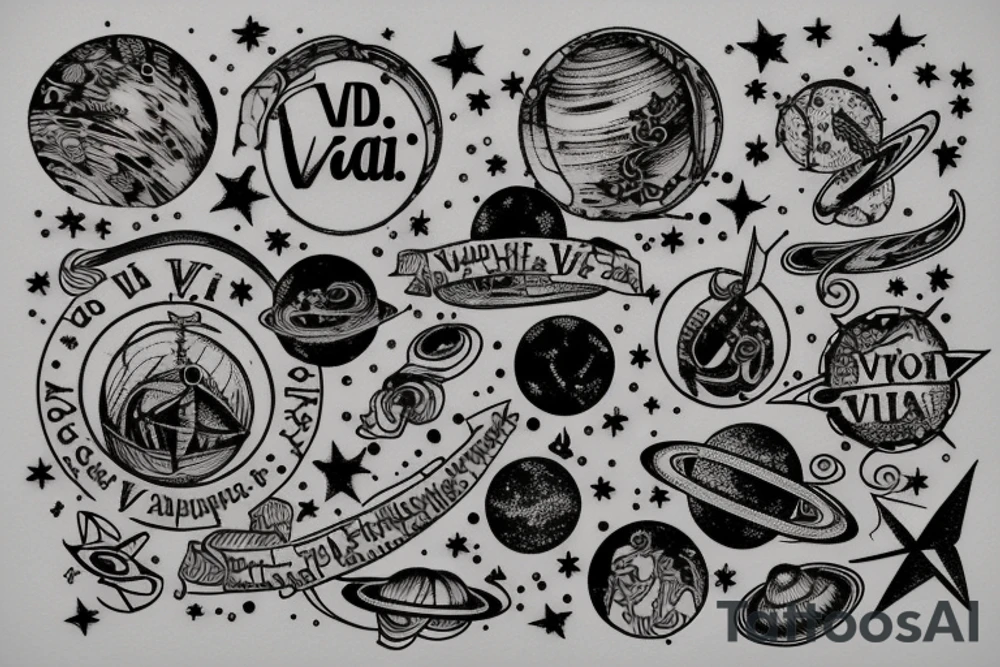In typewriter font, quote "veni, vidi, vici" with stars and planets surrounding it tattoo idea