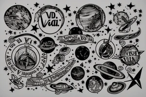 In typewriter font, quote "veni, vidi, vici" with stars and planets surrounding it tattoo idea