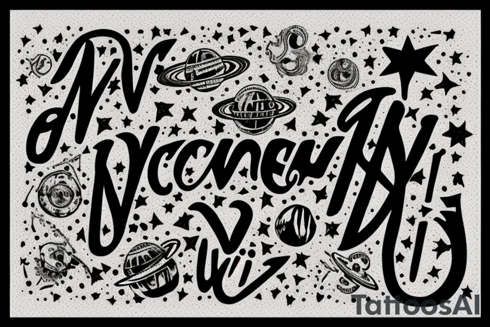 In typewriter font, quote "veni, vidi, vici" with stars and planets surrounding it tattoo idea