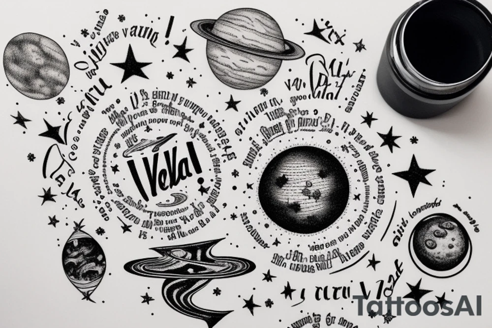 In typewriter font, quote "veni, vidi, vici" with stars and planets surrounding it tattoo idea