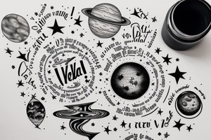 In typewriter font, quote "veni, vidi, vici" with stars and planets surrounding it tattoo idea