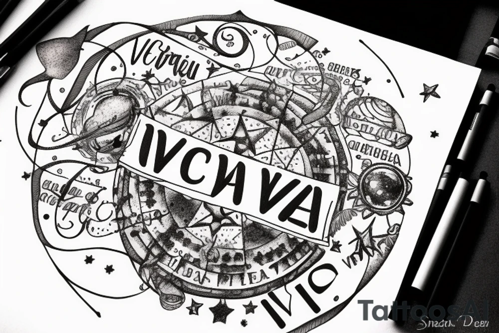 In typewriter font, quote "veni, vidi, vici" with stars and planets surrounding it tattoo idea