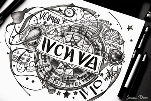 In typewriter font, quote "veni, vidi, vici" with stars and planets surrounding it tattoo idea