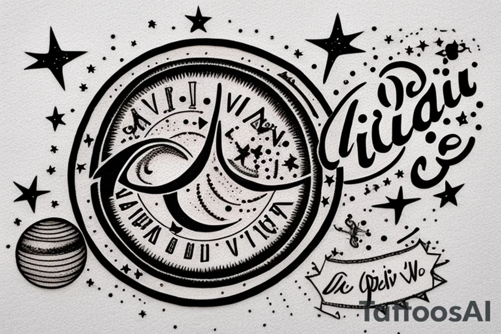 In typewriter font, quote "veni, vidi, vici" with stars and planets surrounding it tattoo idea