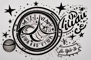 In typewriter font, quote "veni, vidi, vici" with stars and planets surrounding it tattoo idea
