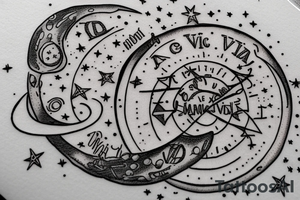 In typewriter font, quote "veni, vidi, vici" with stars and planets surrounding it tattoo idea