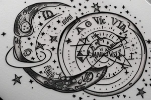 In typewriter font, quote "veni, vidi, vici" with stars and planets surrounding it tattoo idea