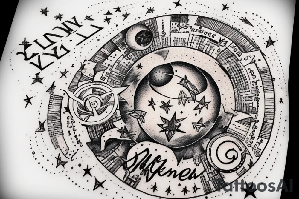 In typewriter font, quote "veni, vidi, vici" with stars and planets surrounding it tattoo idea