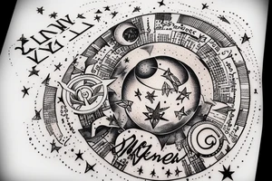 In typewriter font, quote "veni, vidi, vici" with stars and planets surrounding it tattoo idea